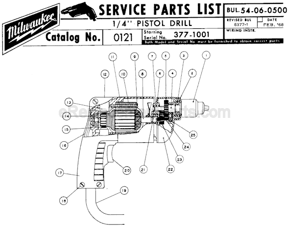 Page A Diagram and Parts List for 0121 SER 377-1001 Milwaukee Electric Drill