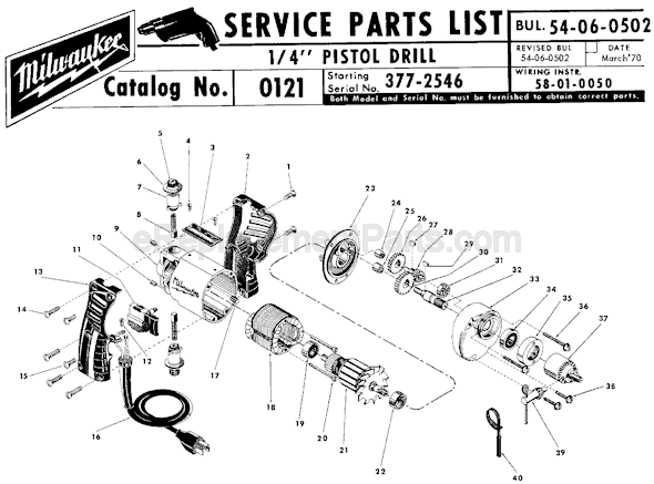 Page A Diagram and Parts List for 0121 SER 377-2546 Milwaukee Electric Drill