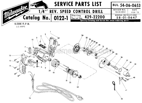 Page A Diagram and Parts List for 0122-3 SER 429-22200 Milwaukee Electric Drill