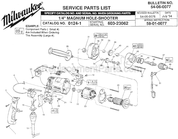 Page A Diagram and Parts List for 0124-1 SER 603-23062 Milwaukee Electric Drill