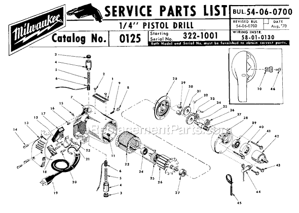 Page A Diagram and Parts List for 0125 SER 322-1001 Milwaukee Electric Drill
