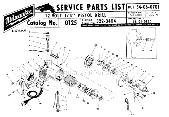 Page A Diagram and Parts List for 0125 SER 322-3404 Milwaukee Electric Drill