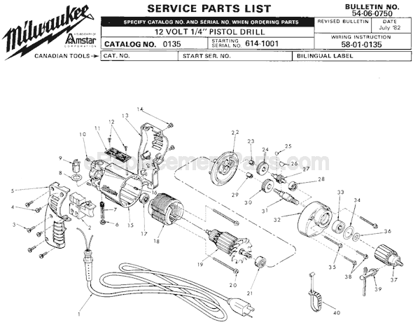 Page A Diagram and Parts List for 0135 SER 614-1001 Milwaukee Electric Drill