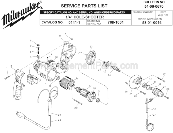 Page A Diagram and Parts List for 0141-1 SER 708-1001 Milwaukee Electric Drill