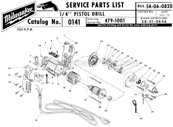 Page A Diagram and Parts List for 0141 SER 479-1001 Milwaukee Electric Drill