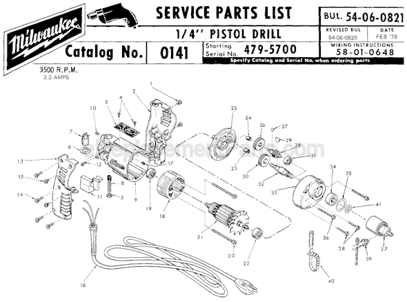 Page A Diagram and Parts List for 0141 SER 479-5700 Milwaukee Electric Drill