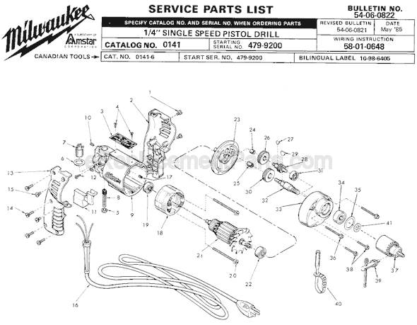 Page A Diagram and Parts List for 0141 SER 479-9200 Milwaukee Electric Drill