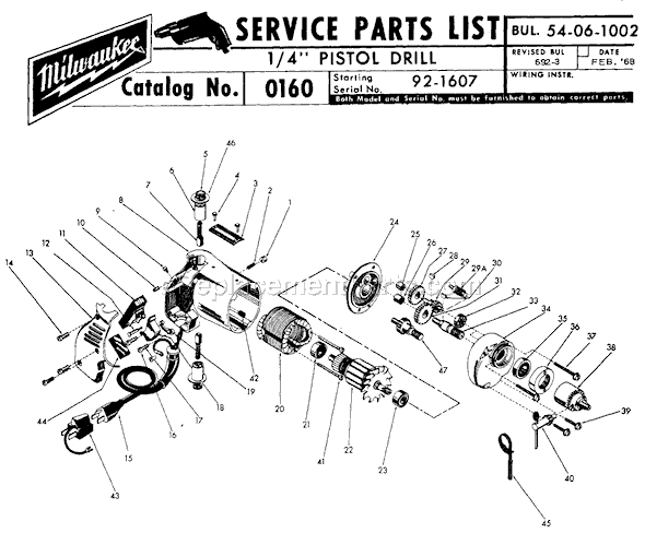 Page A Diagram and Parts List for 0160 SER 92-1607 Milwaukee Electric Drill