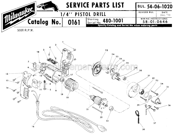 Page A Diagram and Parts List for 0161 SER 480-1001 Milwaukee Electric Drill