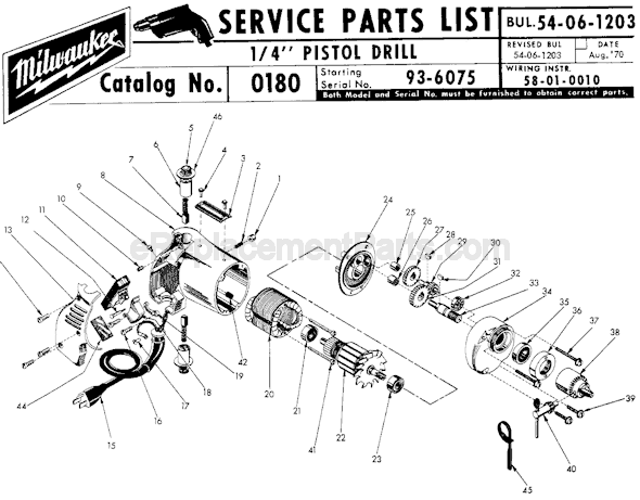 Page A Diagram and Parts List for 0180 SER 93-6075 Milwaukee Electric Drill