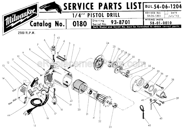 Page A Diagram and Parts List for 0180 SER 93-8701 Milwaukee Electric Drill