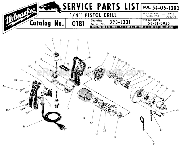 Page A Diagram and Parts List for 0181 SER 393-1331 Milwaukee Electric Drill