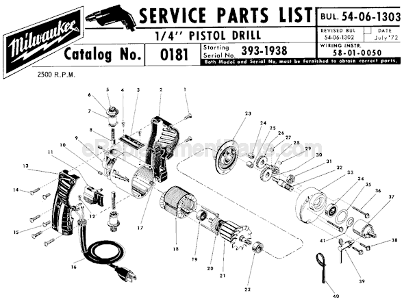 Page A Diagram and Parts List for 0181 SER 393-1938 Milwaukee Electric Drill