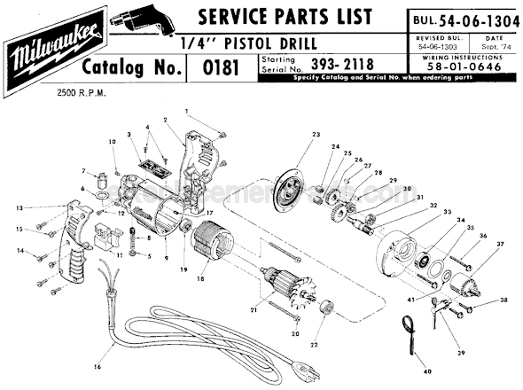 Page A Diagram and Parts List for 0181 SER 393-2118 Milwaukee Electric Drill