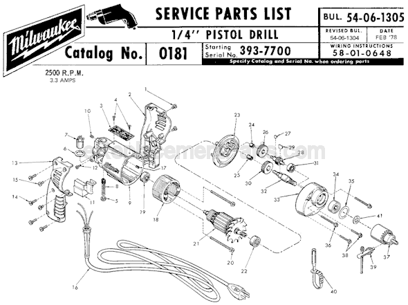 Page A Diagram and Parts List for 0181 SER 393-7700 Milwaukee Electric Drill
