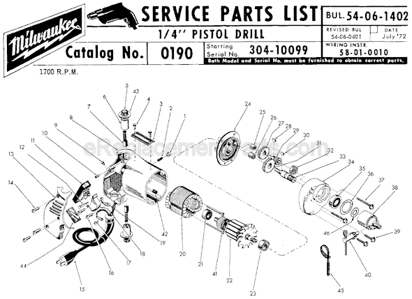 Page A Diagram and Parts List for 0190 SER 304-10099 Milwaukee Electric Drill