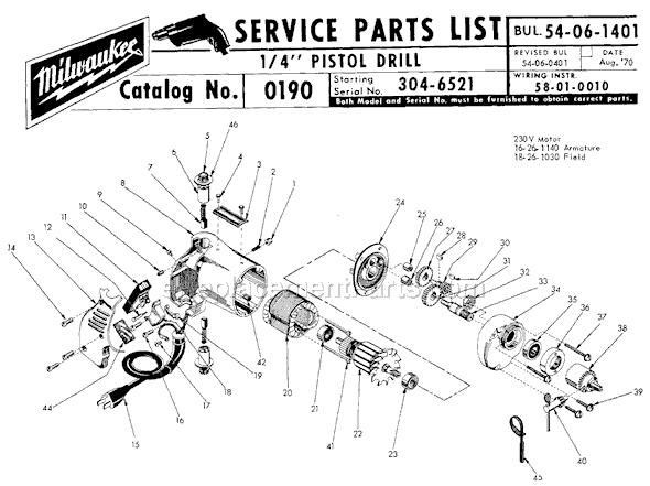 Page A Diagram and Parts List for 0190 SER 304-6521 Milwaukee Electric Drill