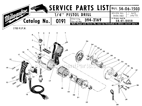 Page A Diagram and Parts List for 0191 SER 394-2169 Milwaukee Electric Drill