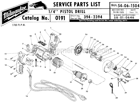 Page A Diagram and Parts List for 0191 SER 394-2394 Milwaukee Electric Drill
