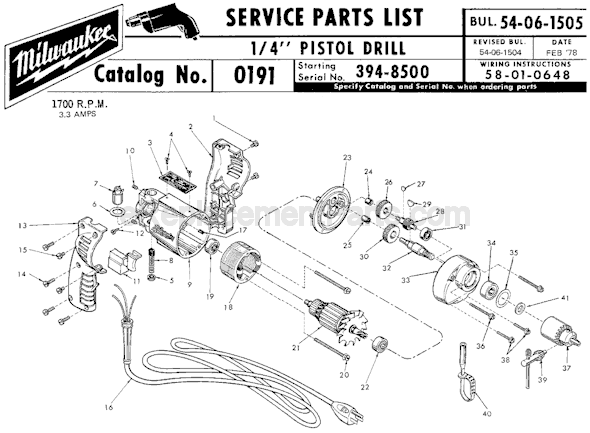 Page A Diagram and Parts List for 0191 SER 394-8500 Milwaukee Electric Drill