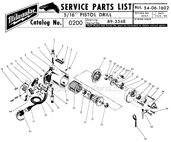 Page A Diagram and Parts List for 0200 SER 89-3548 Milwaukee Electric Drill