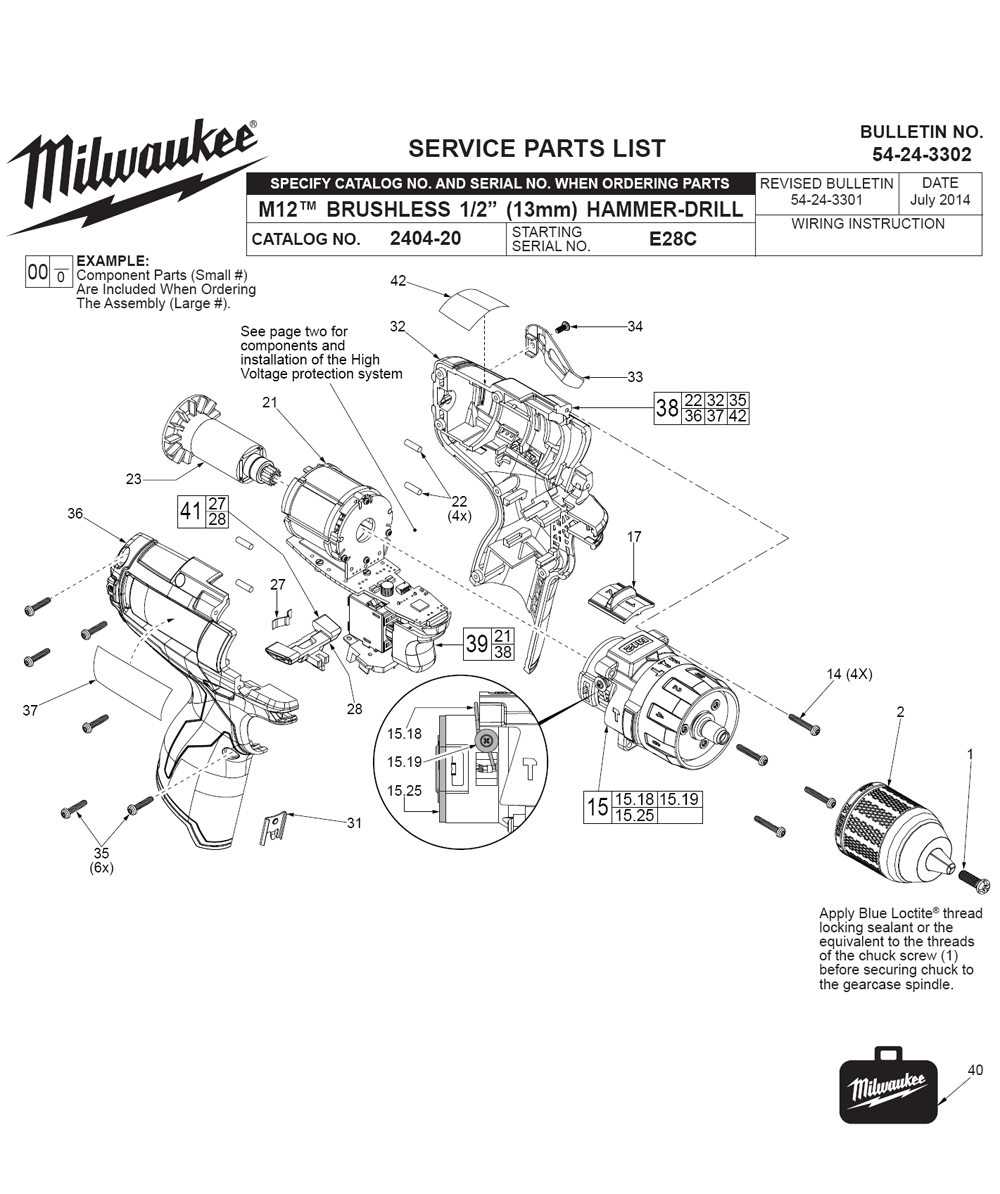 Fig-0 Diagram and Parts List for 2404-22 E28C Milwaukee Cordless Drill