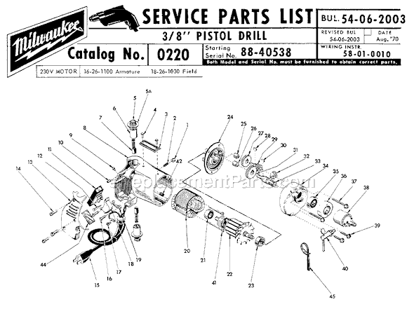 Page A Diagram and Parts List for 0220 SER 88-40538 Milwaukee Electric Drill
