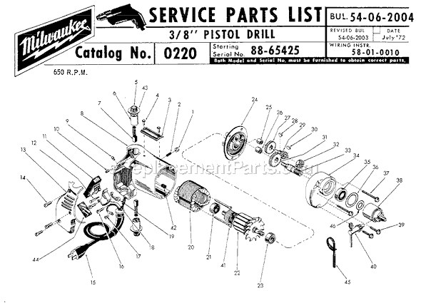 Page A Diagram and Parts List for 0220 SER 88-65425 Milwaukee Electric Drill