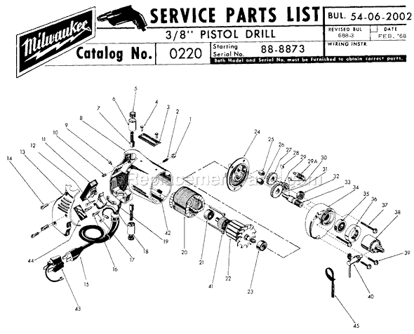 Page A Diagram and Parts List for 0220 SER 88-8873 Milwaukee Electric Drill