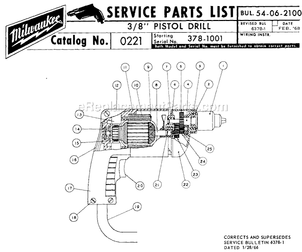 Page A Diagram and Parts List for 0221 SER 378-1001 Milwaukee Electric Drill
