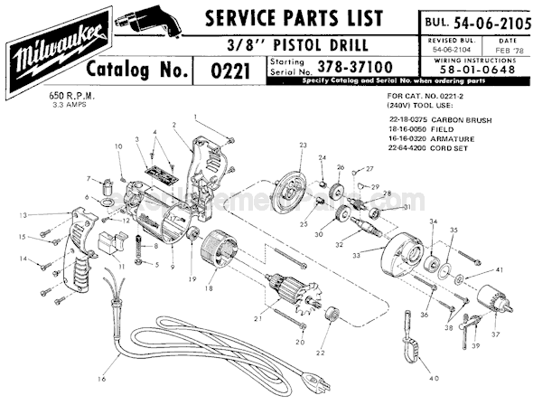 Page A Diagram and Parts List for 0221 SER 378-37100 Milwaukee Electric Drill