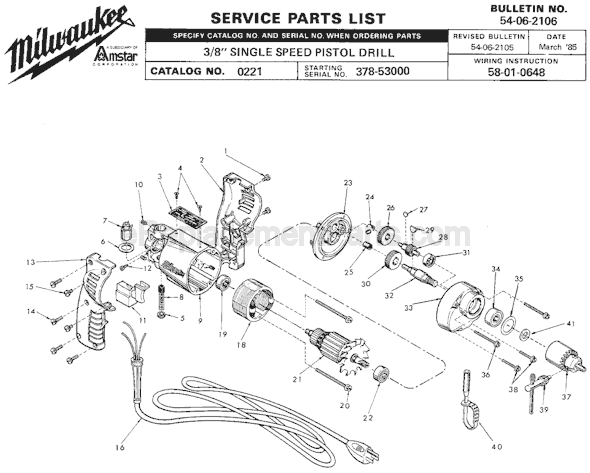 Page A Diagram and Parts List for 0221 SER 378-53000 Milwaukee Electric Drill
