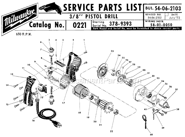 Page A Diagram and Parts List for 0221 SER 378-9393 Milwaukee Electric Drill