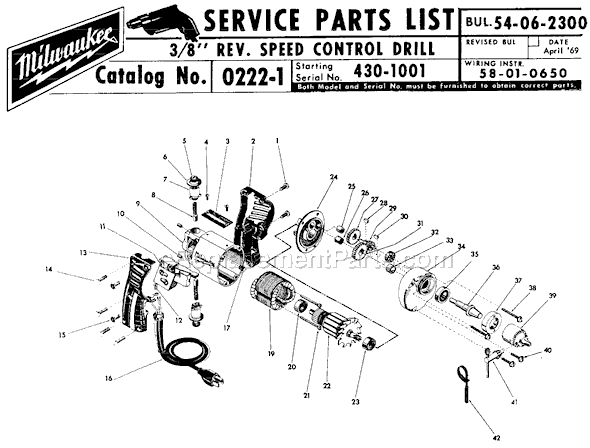 Page A Diagram and Parts List for 0222-1 SER 430-1001 Milwaukee Electric Drill