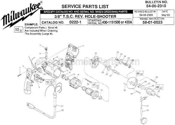 Page A Diagram and Parts List for 0222-1 SER 430-1151500 Milwaukee Electric Drill