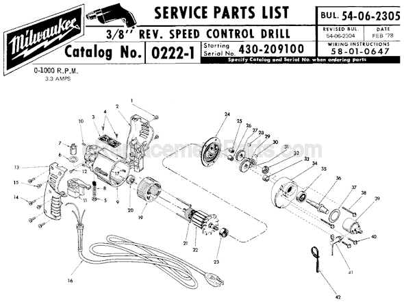 Page A Diagram and Parts List for 0222-1 SER 430-209100 Milwaukee Electric Drill