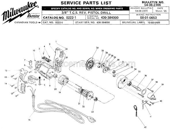 Page A Diagram and Parts List for 0222-1 SER 430-384000 Milwaukee Electric Drill