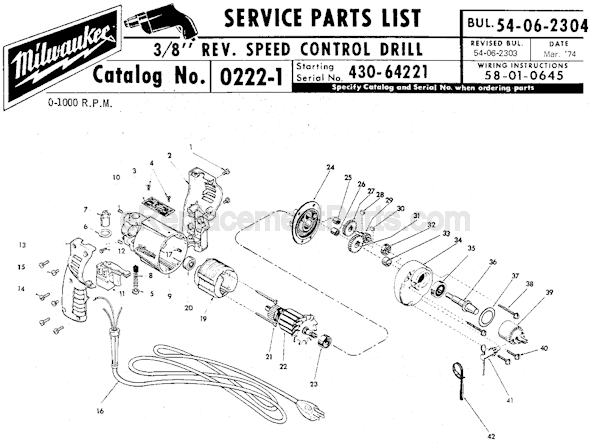 Page A Diagram and Parts List for 0222-1 SER 430-64221 Milwaukee Electric Drill