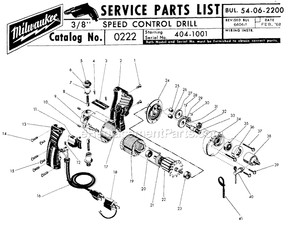 Page A Diagram and Parts List for 0222 SER 404-1001 Milwaukee Electric Drill