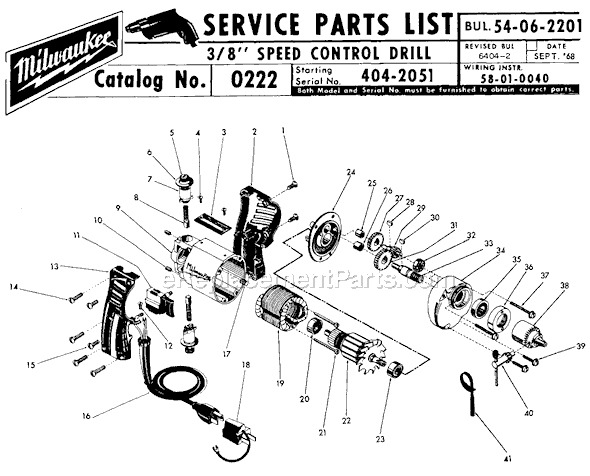 Page A Diagram and Parts List for 0222 SER 404-2051 Milwaukee Electric Drill
