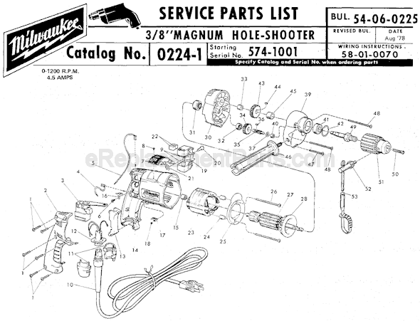 Page A Diagram and Parts List for 0224-1 SER 574-1001 Milwaukee Electric Drill