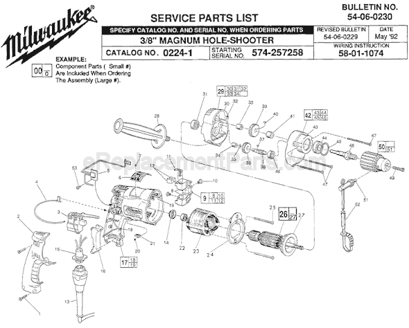 Page A Diagram and Parts List for 0224-1 SER 574-257258 Milwaukee Electric Drill