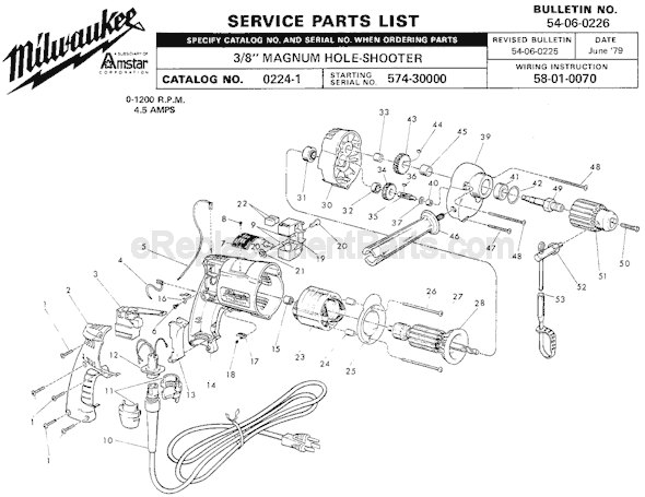 Page A Diagram and Parts List for 0224-1 SER 574-30000 Milwaukee Electric Drill