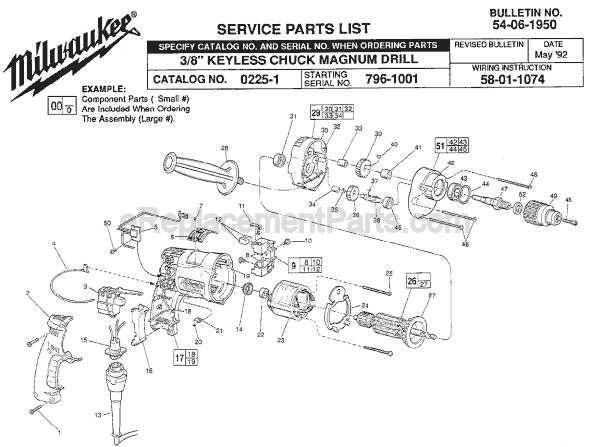 Page A Diagram and Parts List for 0225-1 SER 796-1001 Milwaukee Electric Drill