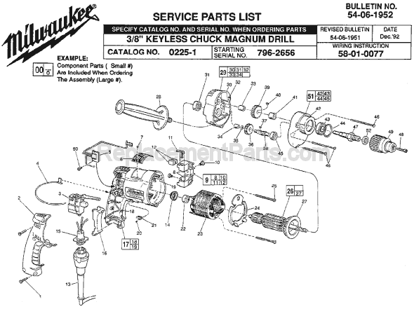 Page A Diagram and Parts List for 0225-1 SER 796-2656 Milwaukee Electric Drill