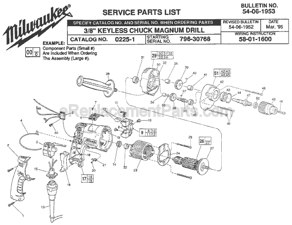 Page A Diagram and Parts List for 0225-1 SER 796-30768 Milwaukee Electric Drill