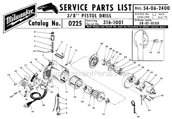 Page A Diagram and Parts List for 0225 SER 316-1001 Milwaukee Electric Drill