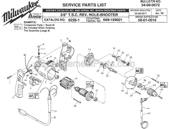 Page A Diagram and Parts List for 0228-1 SER 689-189001 Milwaukee Electric Drill