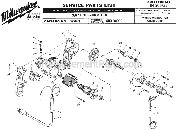 Page A Diagram and Parts List for 0228-1 SER 689-90000 Milwaukee Electric Drill