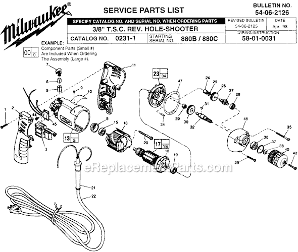 Page A Diagram and Parts List for 0231-1 SER 880C Milwaukee Electric Drill